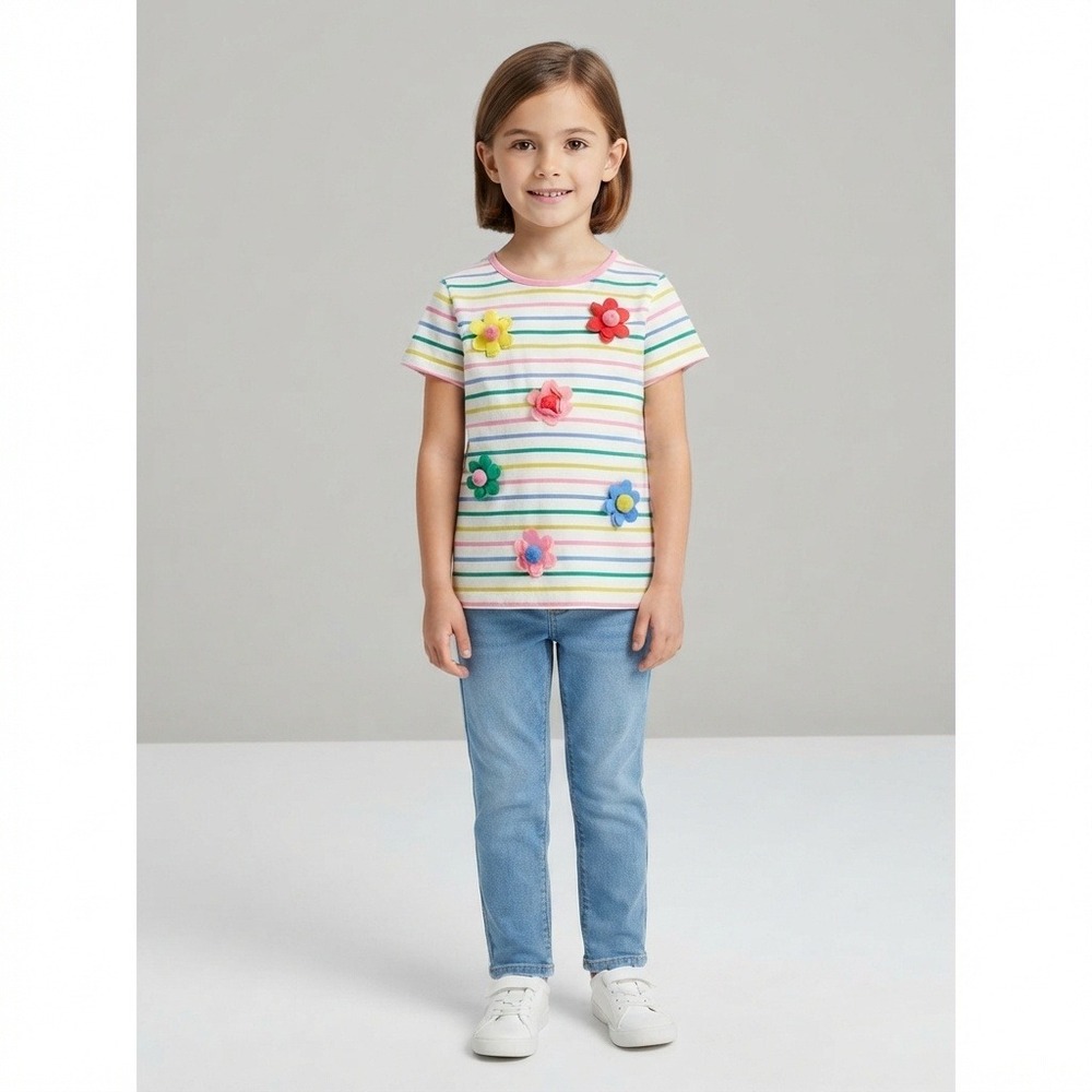 Mini Boden T-Shirt Kids Size 5-6Y White Rainbow Striped Excellent 3D Floral Tee